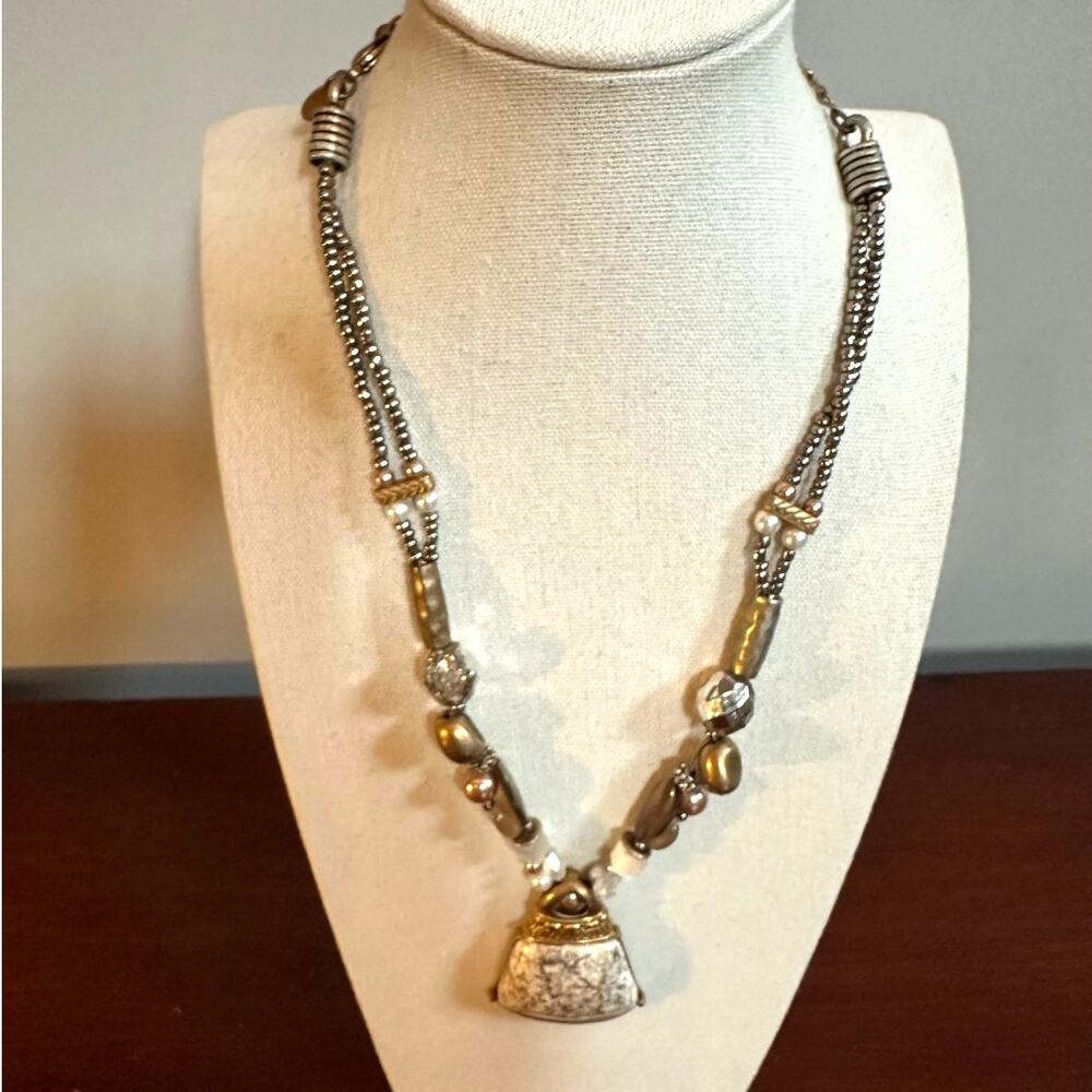 Chico's Necklace Beaded Pendant Western Casual Statement Jewelry Gold White